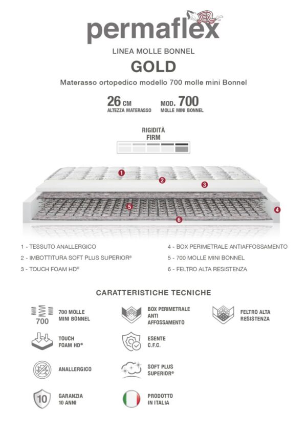 Scheda tecnica Gold Materasso a molle tradizionali Permaflex Roma Store linea vendita prezzo caratteristiche consegna costo